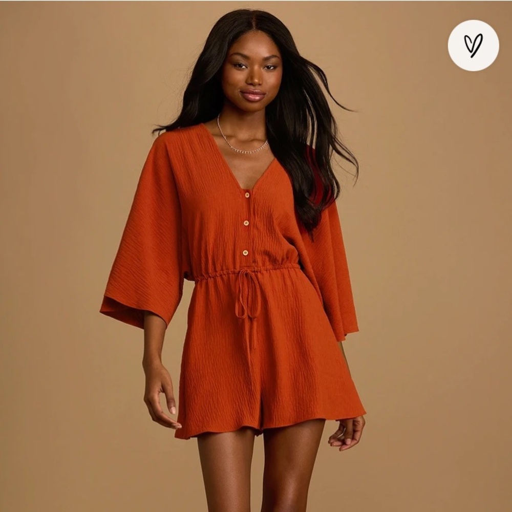 Lulu’s Pack Your Passport Rust Orange V-Neck Drawstring Romper